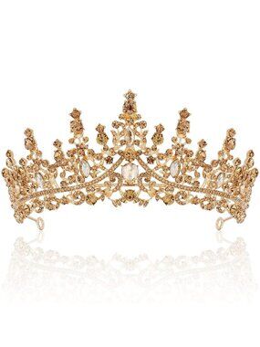 Women's Champagne Gold Crystal Princess Queen Crown Tiara Wedding Headpiece